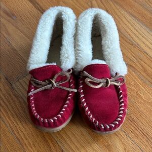L.L. Bean wicked good moccasins. Red Suede Slippers with White Lining